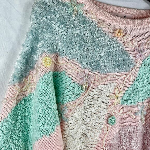 Vintage 80s Pastel Sweater Beaded Sparkle Beverly Goldberg Style L - Picture 3 of 5